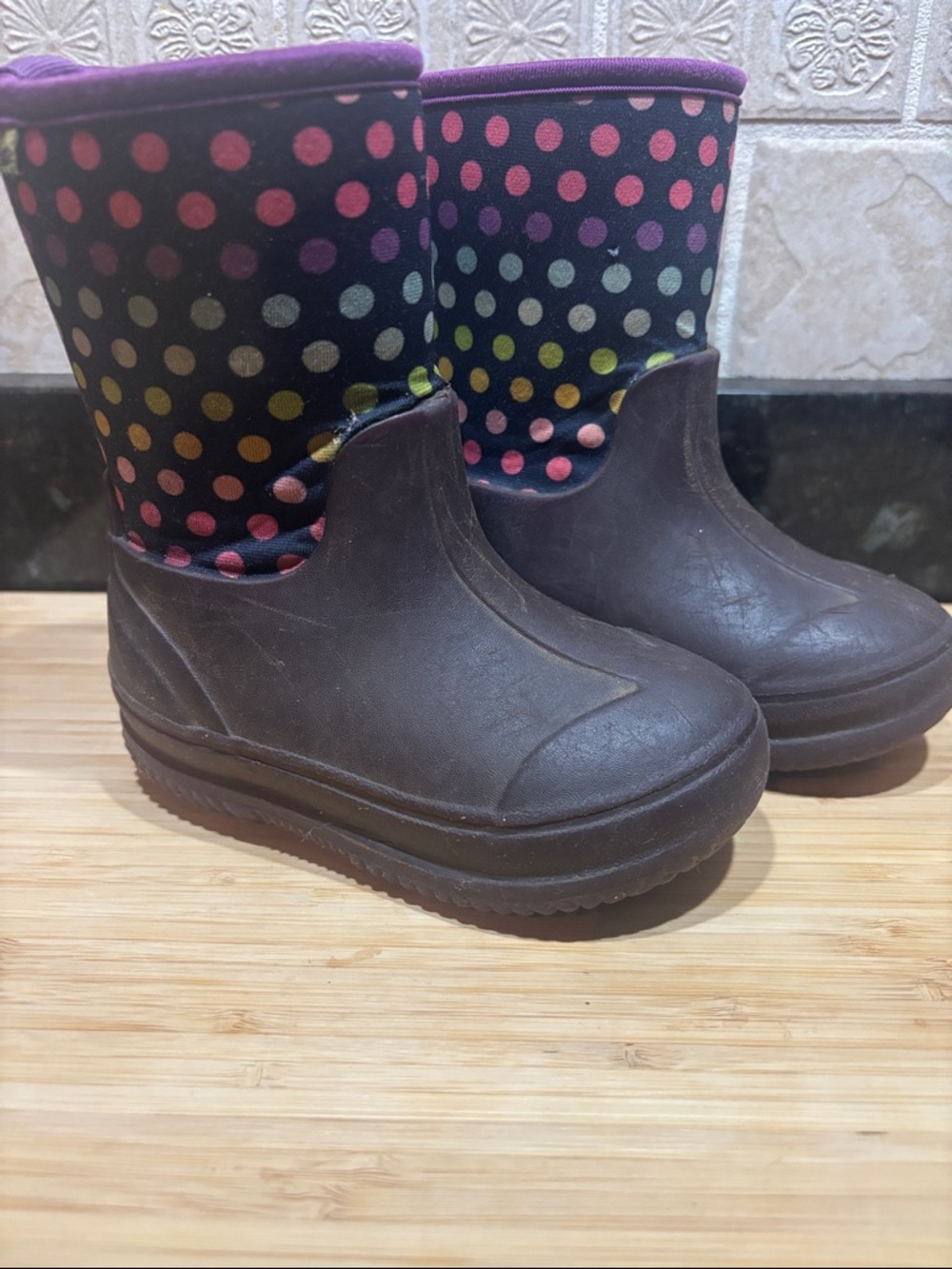 Western Chief Kids Black Rain Boots with Purple Trim & Multicolor Polka Dots